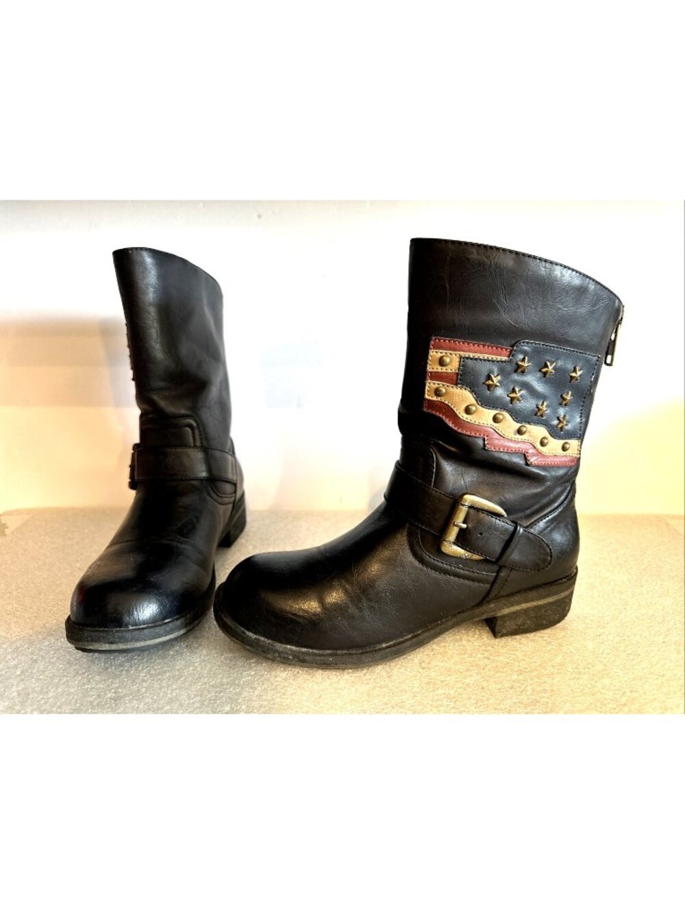 Selena Gomez Dream Out Loud Black Leather Boots Size 6 Back Zipper American Flag